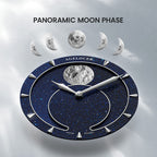 Close-up of Agelocer Astronomer blue aventurine dial showing the panoramic moon phase display and star field