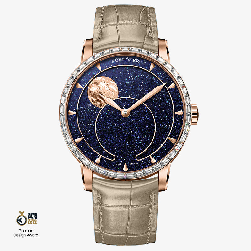 Agelocer Astronomer Moonphase rose gold diamond bezel model on khaki-green leather strap, front view.