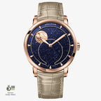 Agelocer Astronomer Moonphase rose gold case, aventurine dial, khaki-green leather strap, front view.