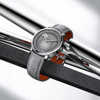 Agelocer Astronomer Moonphase grey dial watch on grey leather strap staged on chrome bars
