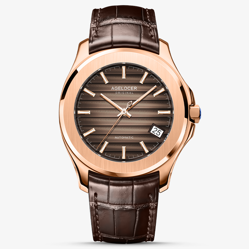 Agelocer Baikal automatic in rose gold with ribbed brown dial, date window and brown leather strap