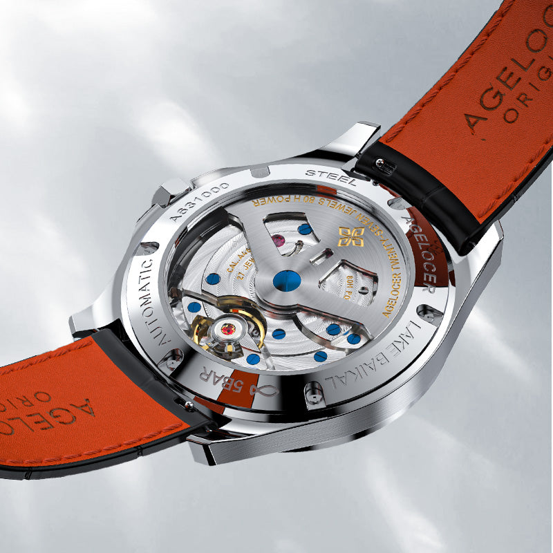 Caseback of Agelocer Baikal automatic watch showing 27 jewels and 80-hour power reserve