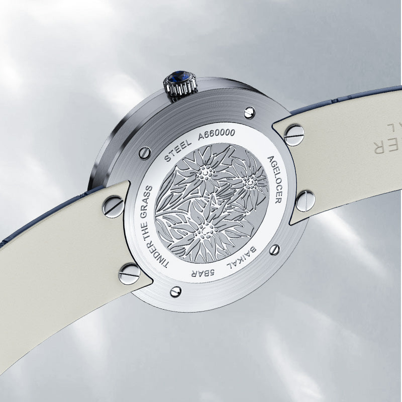 Steel caseback of Agelocer Baikal Happy Diamond watch with edelweiss engraving and 5 bar water resistance