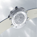 Steel caseback of Agelocer Baikal Happy Diamond watch with edelweiss engraving and 5 bar water resistance