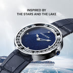 Agelocer Baikal Happy Diamond watch inspired by the stars and Lake Baikal, blue dial on an icy lake, angled view