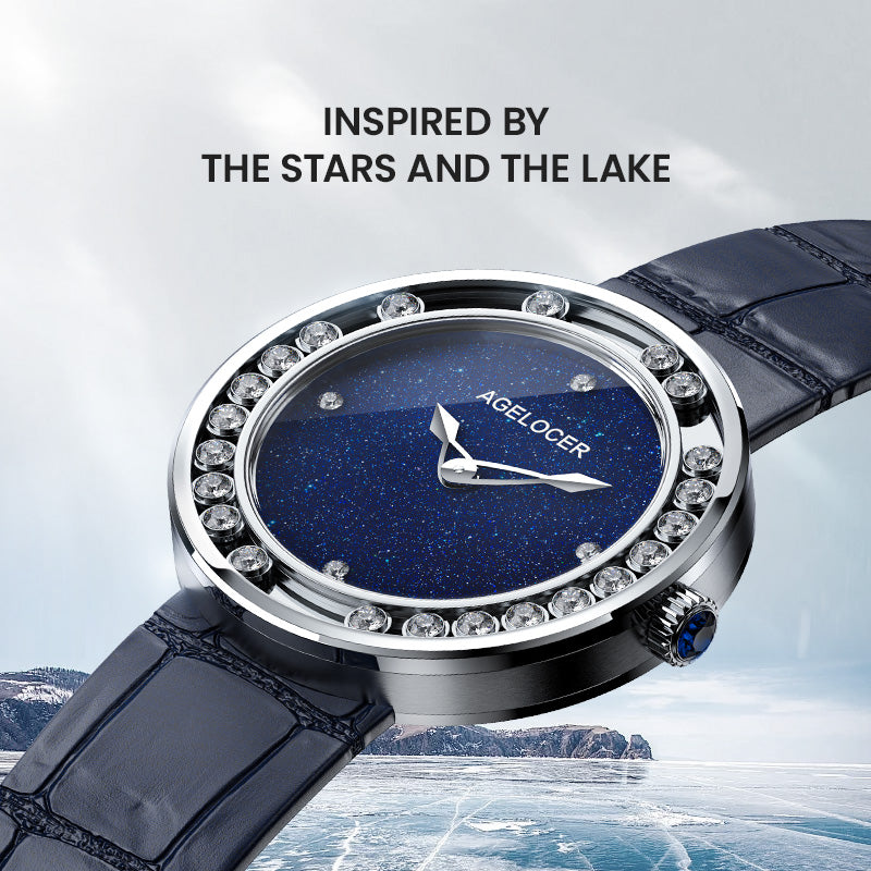 Agelocer Baikal Happy Diamond watch inspired by the stars and Lake Baikal, blue dial on an icy lake, angled view