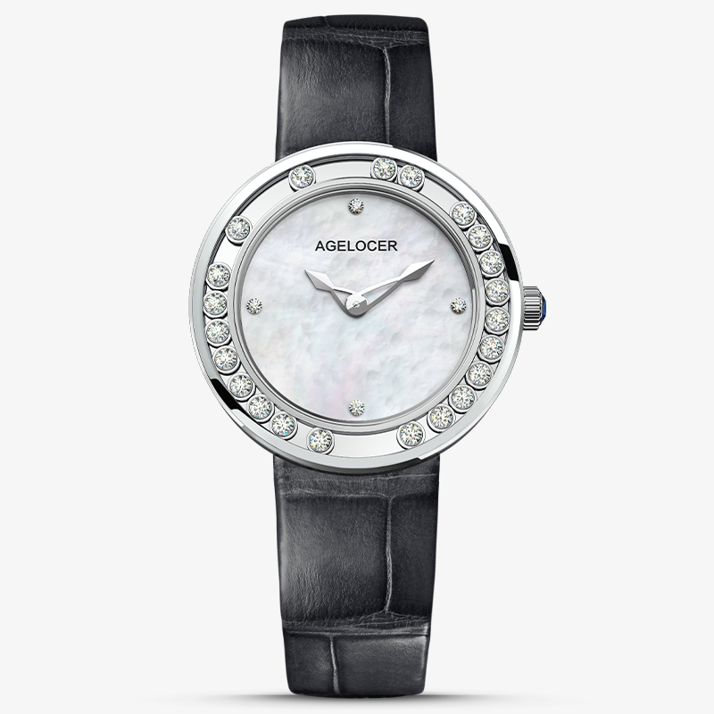 Agelocer Baikal Happy Diamond watch, steel case with white mother-of-pearl dial and floating diamonds, front