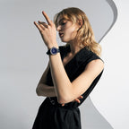 Female model wearing Agelocer Baikal Happy Diamond women's quartz watch, studio portrait lifestyle shot
