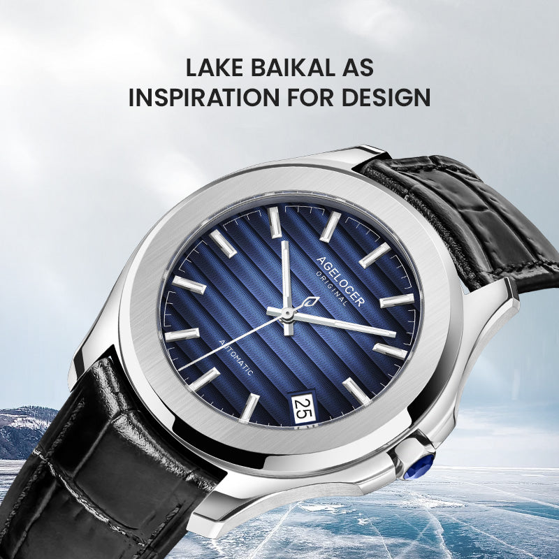 Agelocer Baikal automatic watch inspired by Lake Baikal, blue textured dial and steel case, angled view