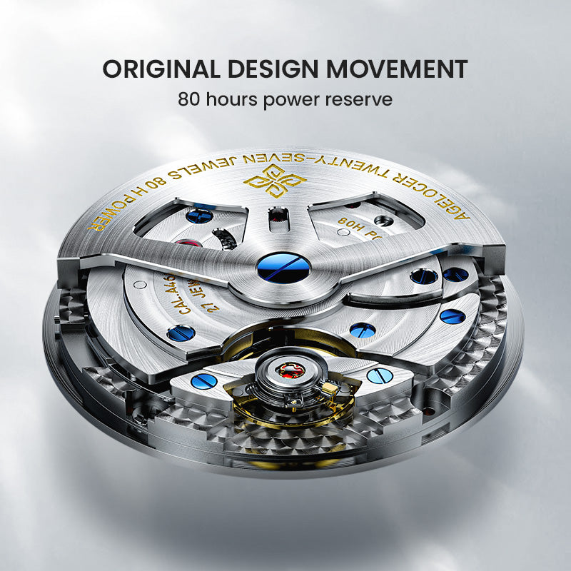 Agelocer Baikal original design movement with 80-hour power reserve and 27 jewels, close-up detail