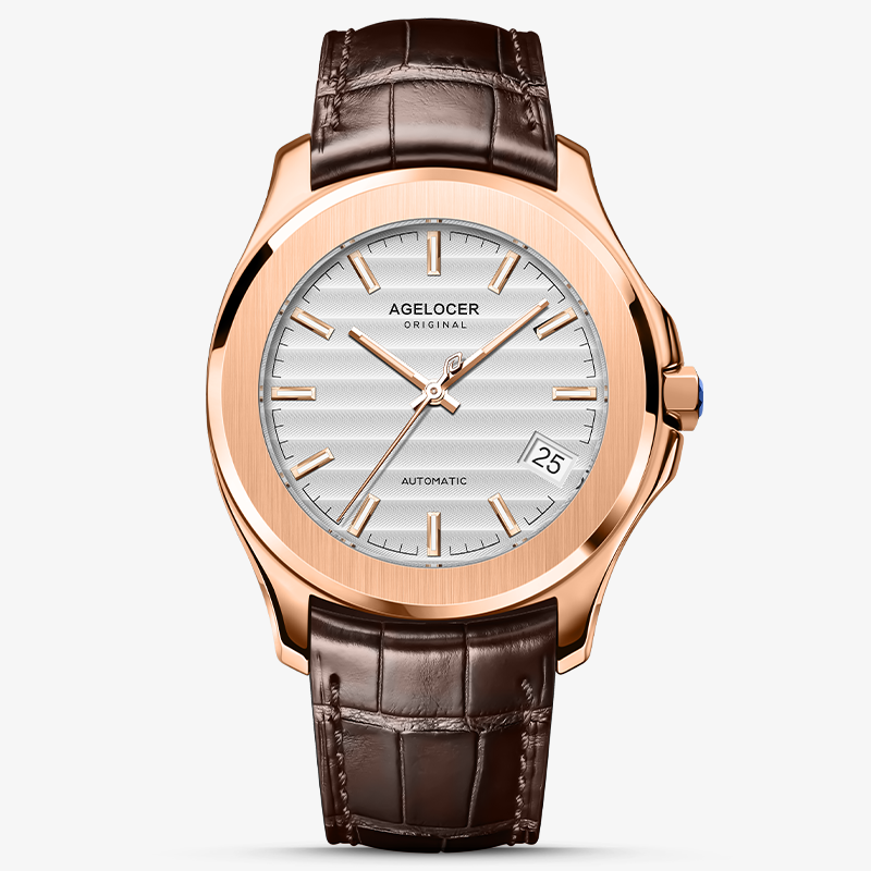Agelocer Baikal automatic rose gold case, ribbed silver-white dial with date and brown leather strap