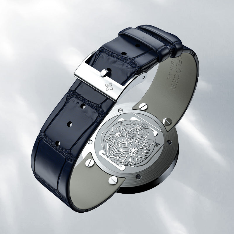 Agelocer Baikal signed steel buckle and engraved floral caseback on a navy leather strap