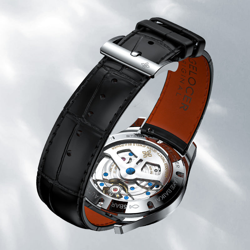 Agelocer Baikal watch black leather strap with signature folding clasp and orange lining, close-up detail