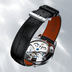Agelocer Baikal watch black leather strap with signature folding clasp and orange lining, close-up detail