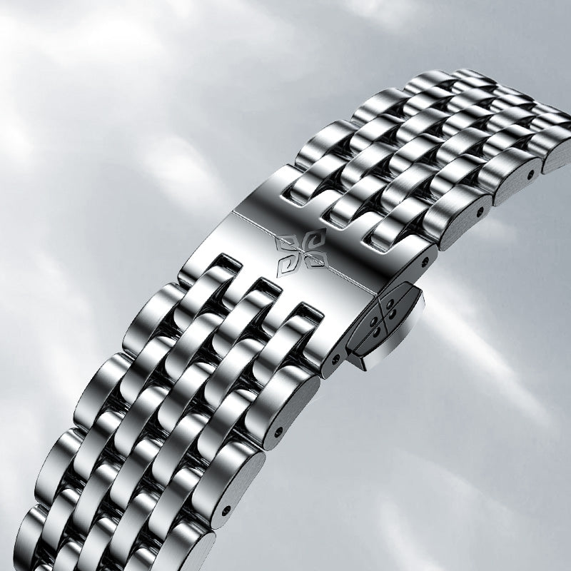Agelocer Budapest big-date watch stainless steel bracelet with signature folding clasp, close-up detail