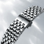Agelocer Budapest big-date watch stainless steel bracelet with signature folding clasp, close-up detail