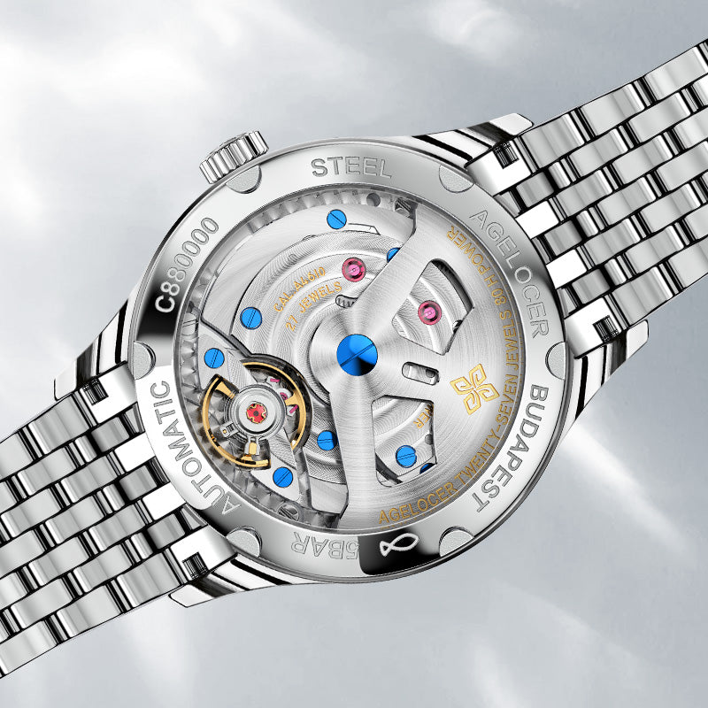 Caseback of Agelocer Budapest big-date automatic watch showing 27 jewels and 80-hour power reserve