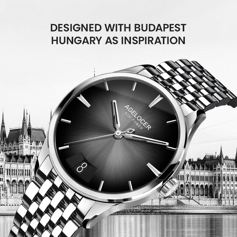 Agelocer Budapest big-date watch designed with Budapest, Hungary as inspiration, black dial and steel bracelet, angled
