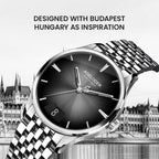 Agelocer Budapest big-date watch designed with Budapest, Hungary as inspiration, black dial and steel bracelet, angled