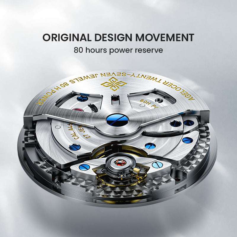 Agelocer Budapest original design movement with 80-hour power reserve and 27 jewels, close-up detail