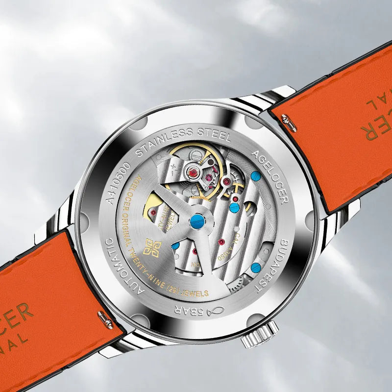 Caseback of Agelocer Budapest automatic watch showing 29 jewels and a stainless steel case