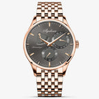 Agelocer Budapest automatic watch with gray dial, rose gold case and bracelet, power reserve display, detail view