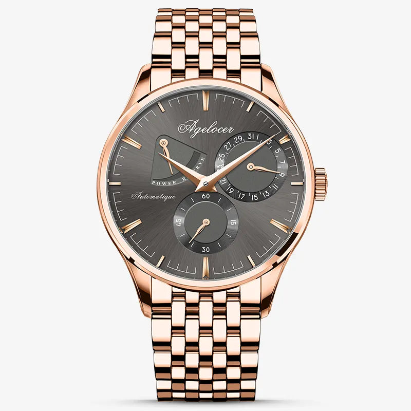 Agelocer Budapest automatic watch with gray dial, rose gold case and bracelet, power reserve display, detail view