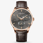 Agelocer Budapest automatic watch with gray dial, rose gold case and brown leather strap, angled detail view