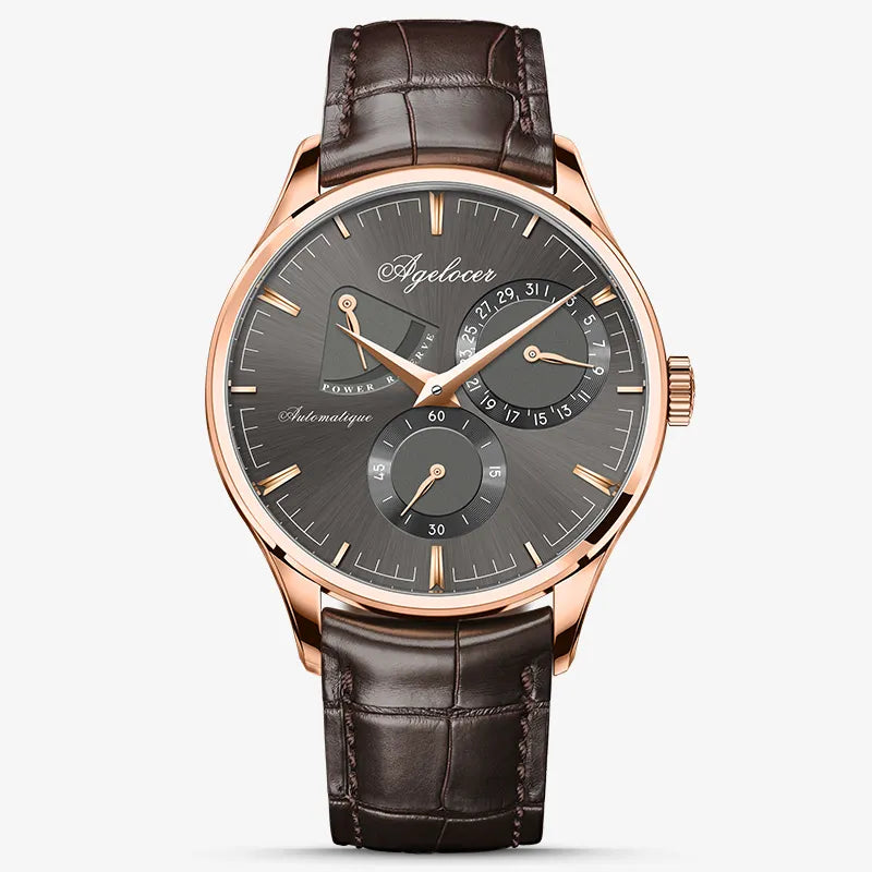 Agelocer Budapest automatic watch with gray dial, rose gold case and brown leather strap, angled detail view