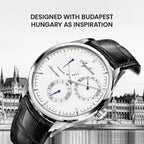 Agelocer Budapest power reserve watch designed with Budapest, Hungary as inspiration, white dial, angled view