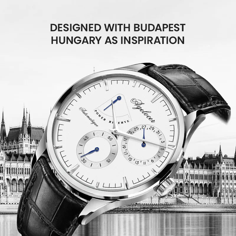 Agelocer Budapest power reserve watch designed with Budapest, Hungary as inspiration, white dial, angled view