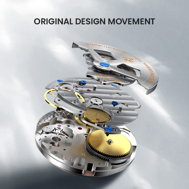 Agelocer Budapest original design movement shown in an exploded view of gears and bridges, close-up detail