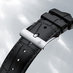 Agelocer Budapest watch black leather strap with signature polished folding clasp, close-up detail