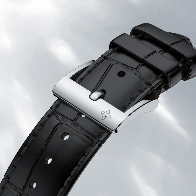 Agelocer Budapest watch black leather strap with signature polished folding clasp, close-up detail