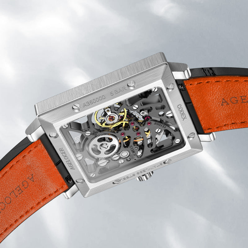 Caseback of Agelocer Codex square skeleton automatic watch, 27 jewels and stainless steel case