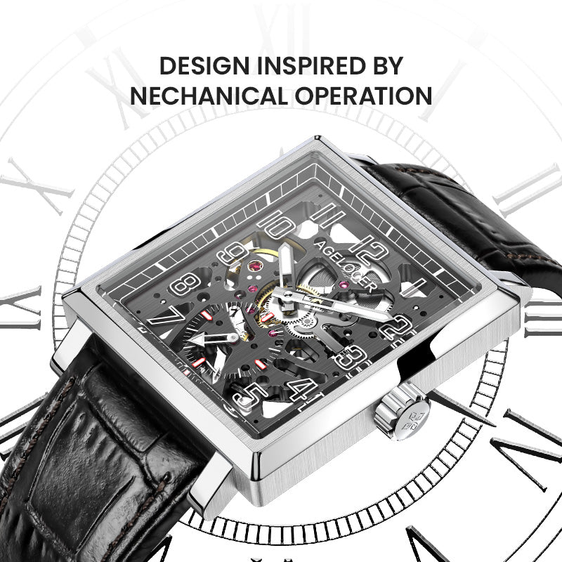 Agelocer Codex square skeleton watch inspired by mechanical operation, steel case, angled view