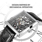 Agelocer Codex square skeleton watch inspired by mechanical operation, steel case, angled view
