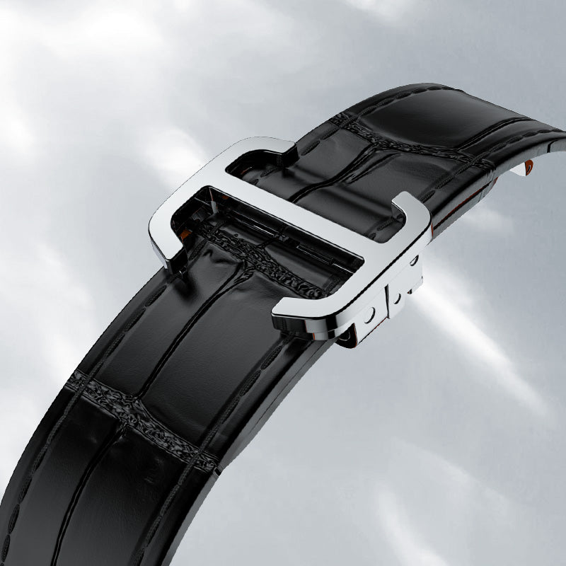 Agelocer Codex skeleton watch black leather strap with signature folding clasp, close-up detail