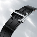 Agelocer Codex skeleton watch black leather strap with signature folding clasp, close-up detail