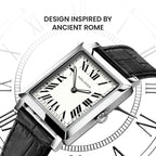 Agelocer Codex square watch inspired by ancient Rome, white Roman numeral dial and steel case, angled design shot