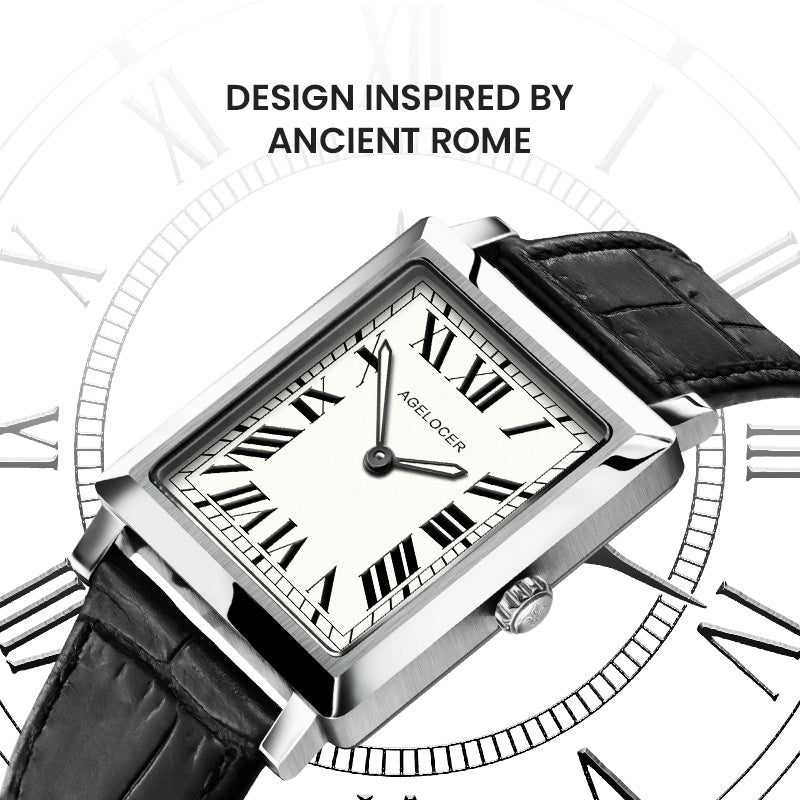Agelocer Codex square watch inspired by ancient Rome, white Roman numeral dial and steel case, angled design shot