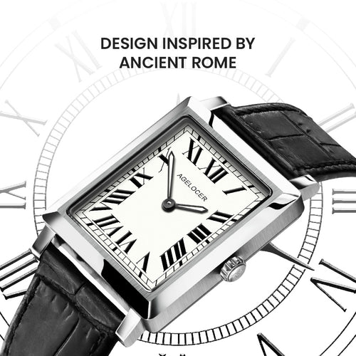 Agelocer Codex square watch inspired by ancient Rome, white Roman numeral dial and steel case, angled design shot
