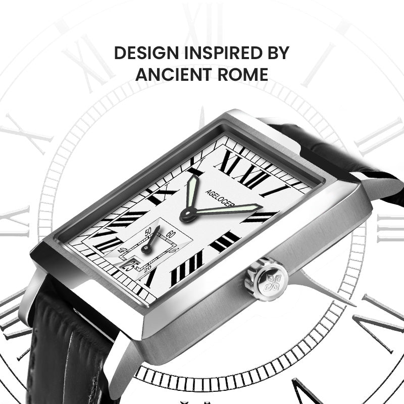 Agelocer Codex square watch inspired by ancient Rome, white Roman numeral dial and steel case, angled view