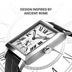 Agelocer Codex square watch inspired by ancient Rome, white Roman numeral dial and steel case, angled view