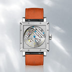 Caseback of Agelocer Codex square automatic watch showing 27 jewels and open skeleton rotor