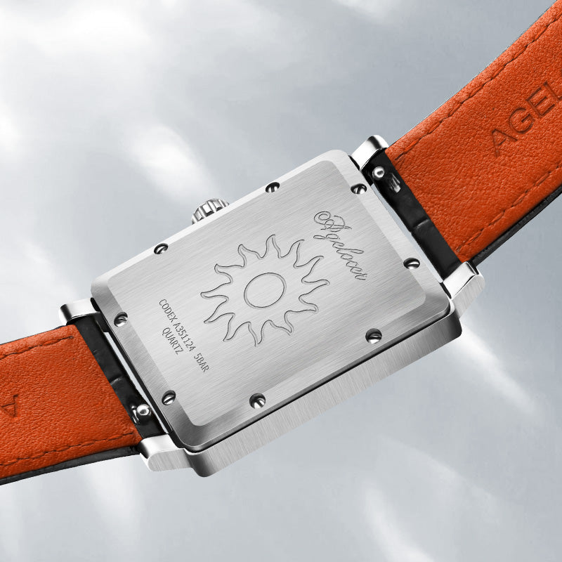 Caseback of Agelocer Codex square women's watch showing engraved sun emblem and quartz movement marking