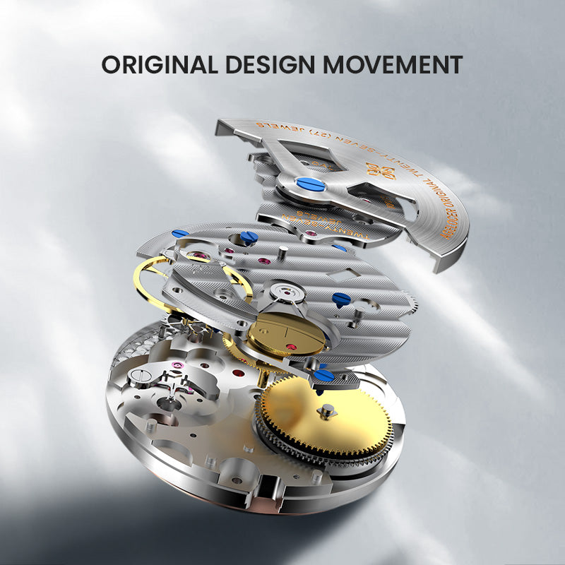 Agelocer Codex original design automatic movement shown in an exploded view with 27 jewels, close-up