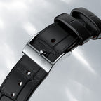 Agelocer Codex square women's watch black leather strap with signed steel buckle, detail view