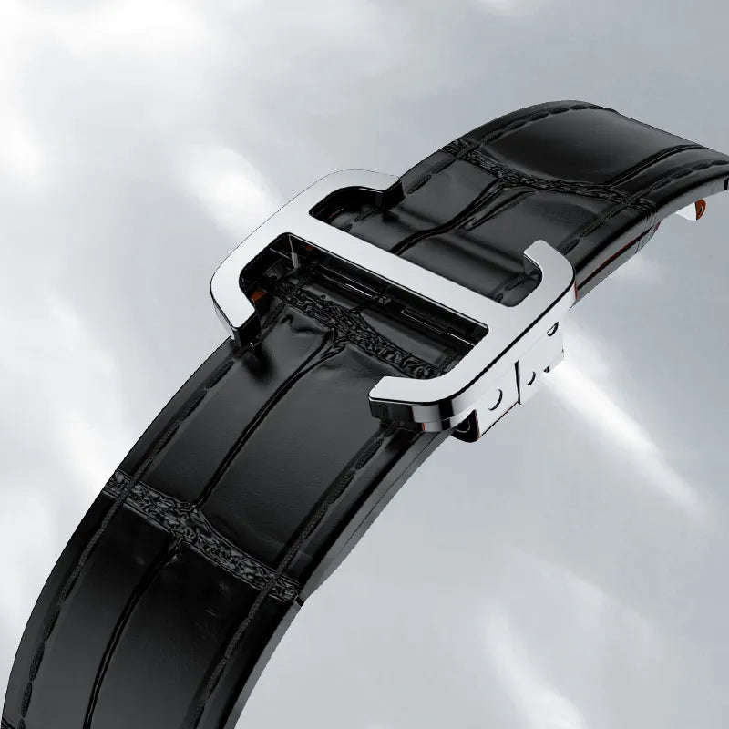 Agelocer Codex square watch black leather strap with polished folding clasp, close-up detail
