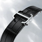 Agelocer Codex square watch black leather strap with polished folding clasp, close-up detail